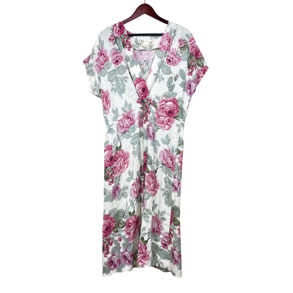 Vintage Womens Dress Sz L Linen Blend Cottage Fairy Retro Boho Party Floral Midi